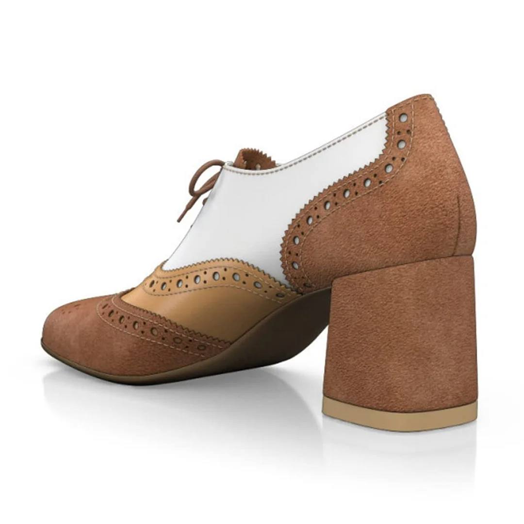 Brown and White Round Toe Perforated Pattern Women's Oxfords