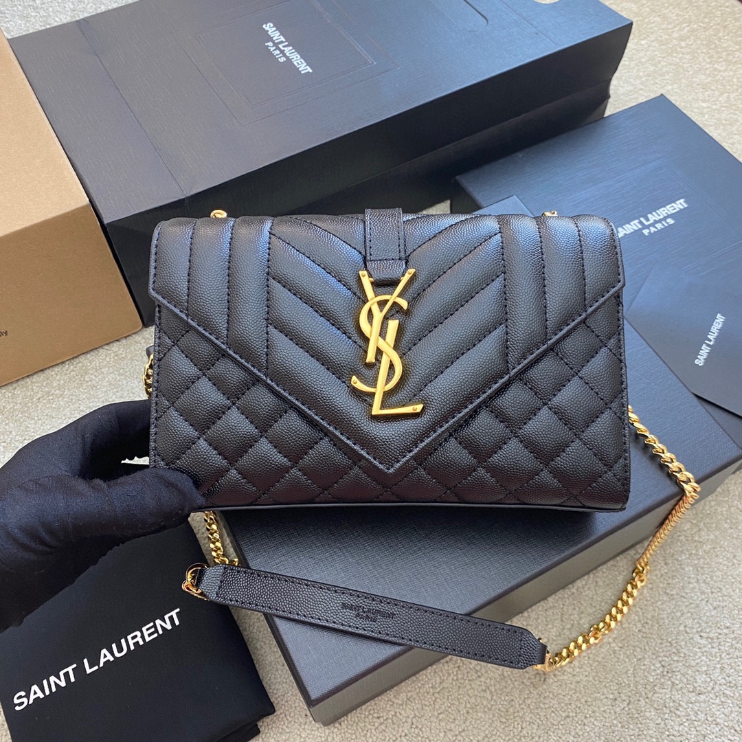 YSL Small Envelope Bag in Black Quilted Leather & Gold-Toned Hardware