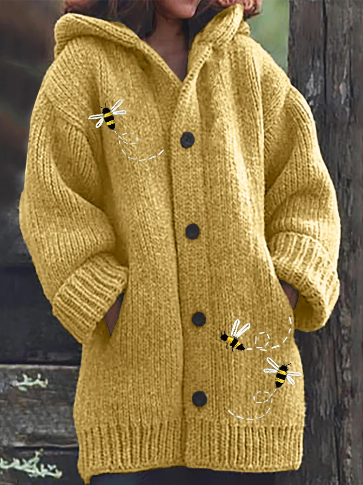 Flying Bees Embroidery Cozy Knit Hooded Cardigan