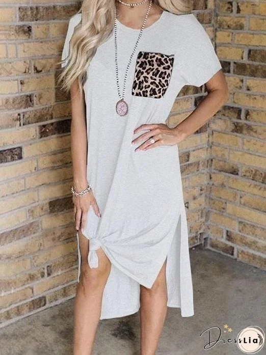 Leopard Print Pocket Stitching Split Short Sleeve Casual Dress