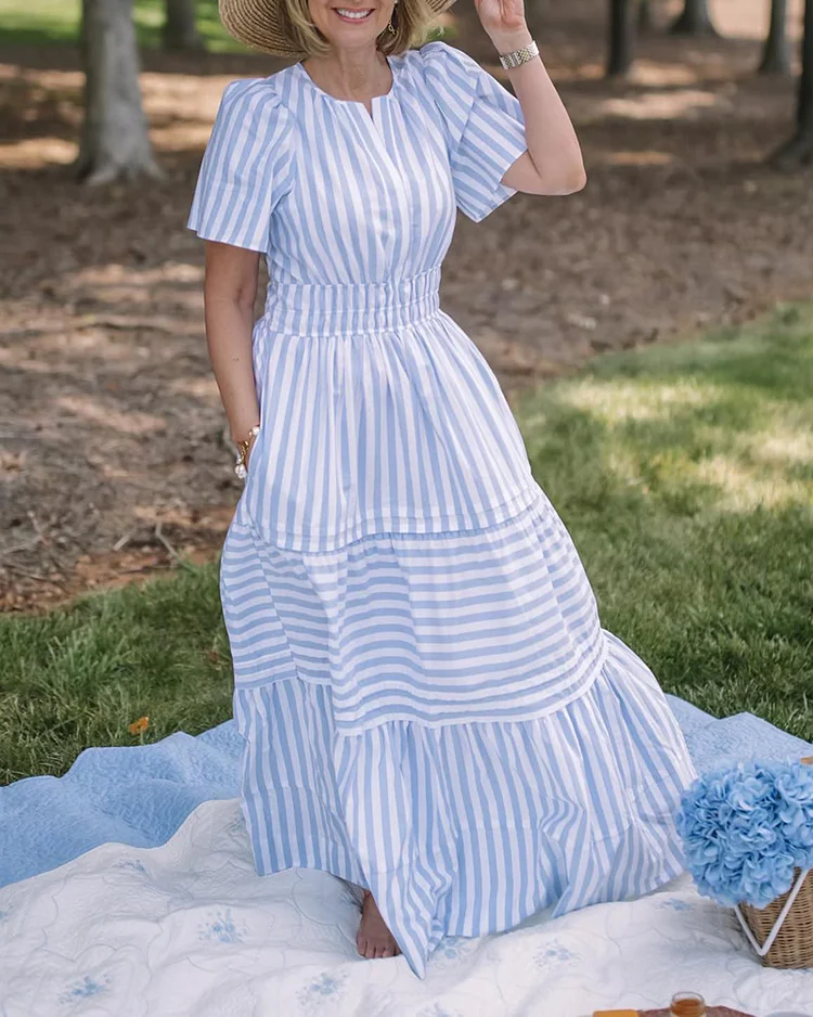 Striped Stitching Short-Sleeved Dress