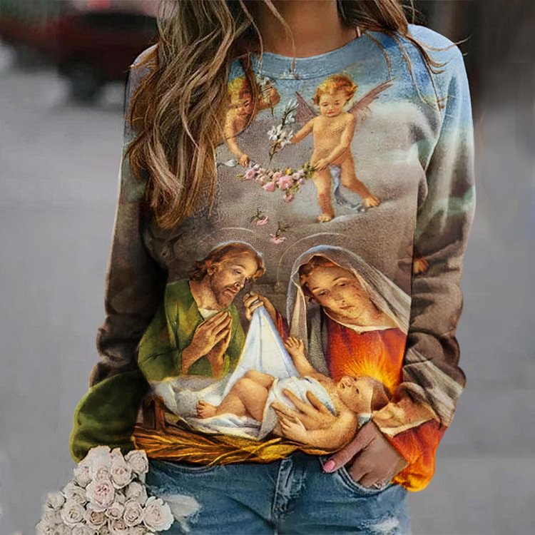 BrosWear Nativity Oil Painting Print Long Sleeve Sweatshirt