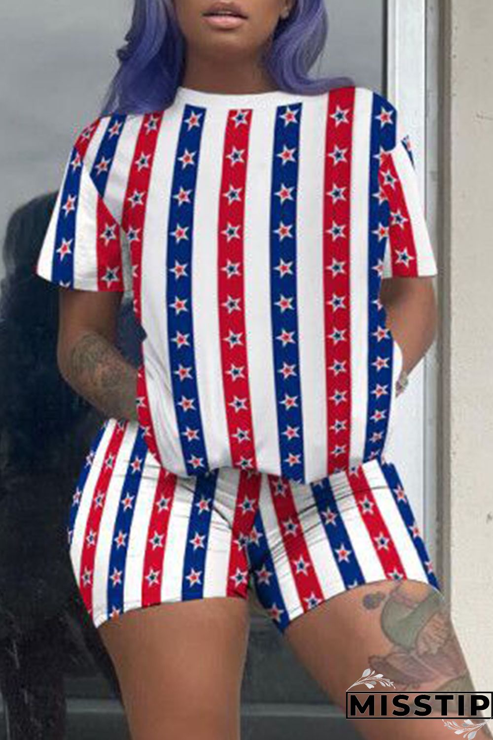 Red Fashion Casual Print Basic O Neck Short Sleeve Two Pieces