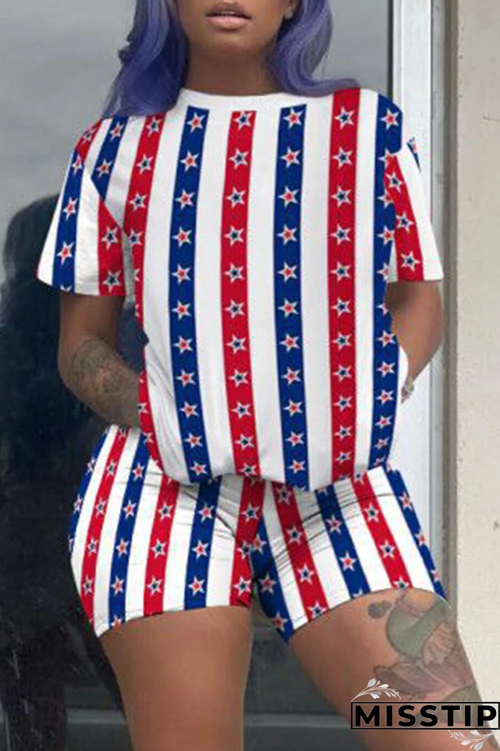 Red Fashion Casual Print Basic O Neck Short Sleeve Two Pieces