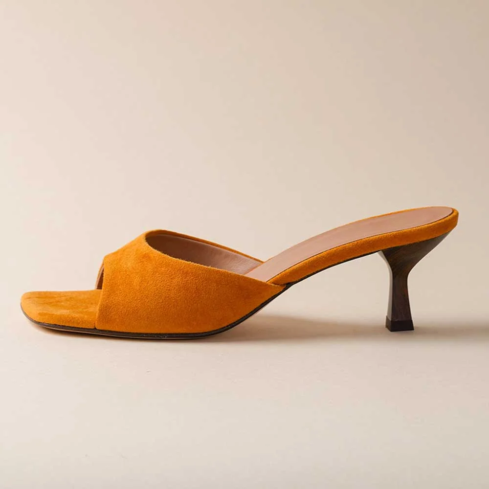 Mustard-Colored Faux Suede Opened Square Toe Wide-Band Mules With Kitten Heels Nicepairs