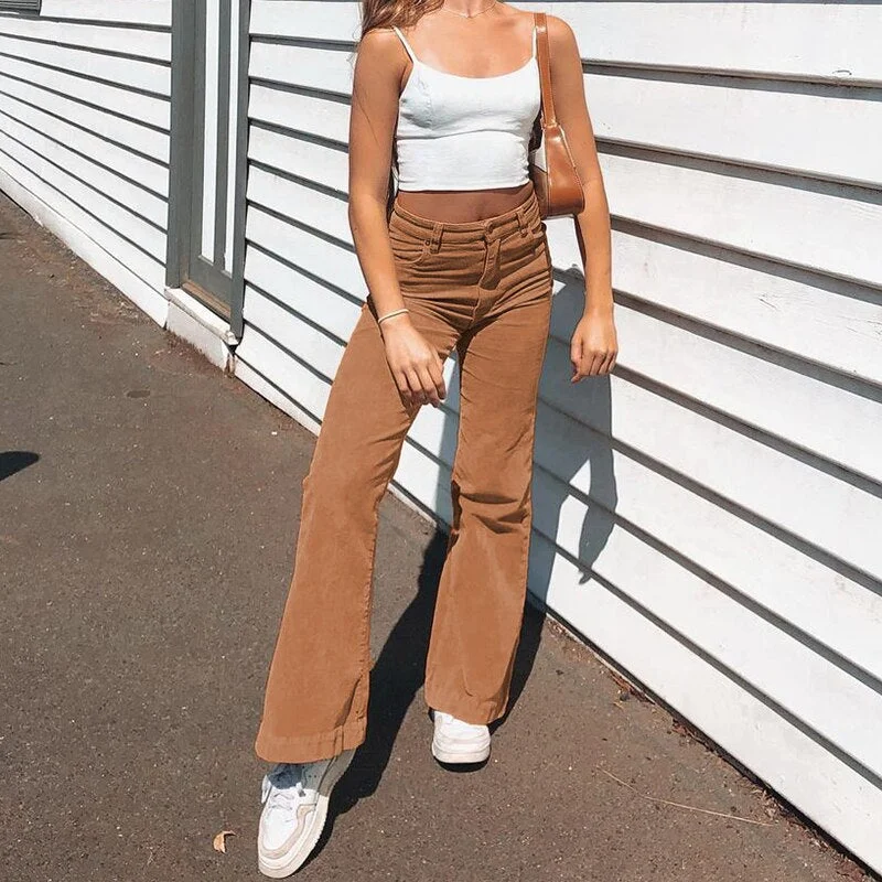 HEYounGIRL Autumn Khaki Brwon Corduroy Flared Pants Women Vintage High Waisted Long Trousers Fashion Streetwear Joggers 2021