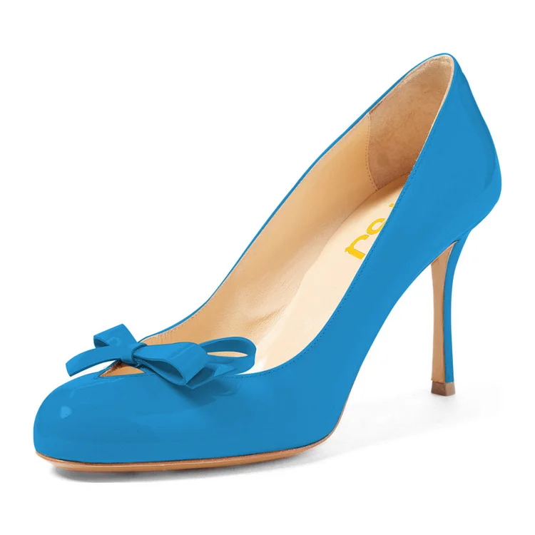 4 inch Heels Blue Round Toe Stiletto Heels Pumps With Bow |FSJ Shoes
