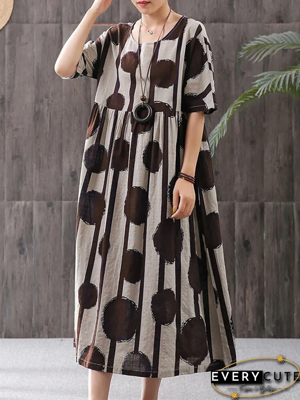 Dot Print Round Neck Pullover Short Sleeve Large Loose Casual Medium Length Dress