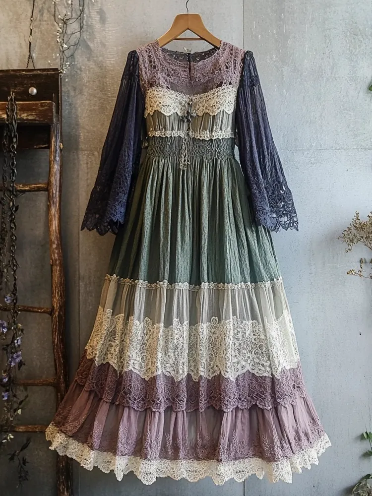 Vintage Lace Patchwork Clashing Color Women's Linen Long Dress