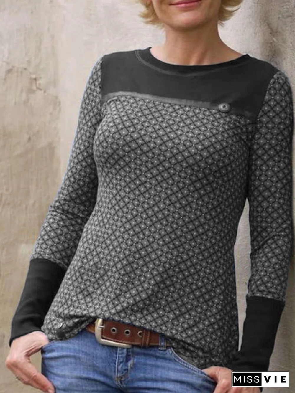 Round Neck Long Sleeve Casual Cotton-Blend Tops