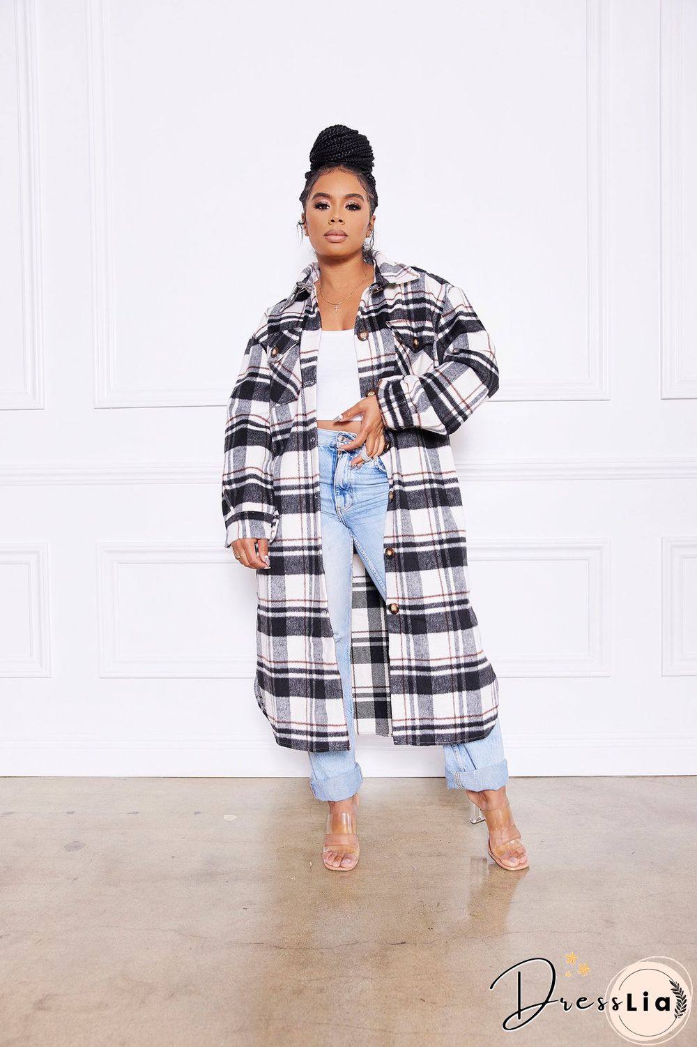 Classic Check Single-breasted Long Woolen Coat