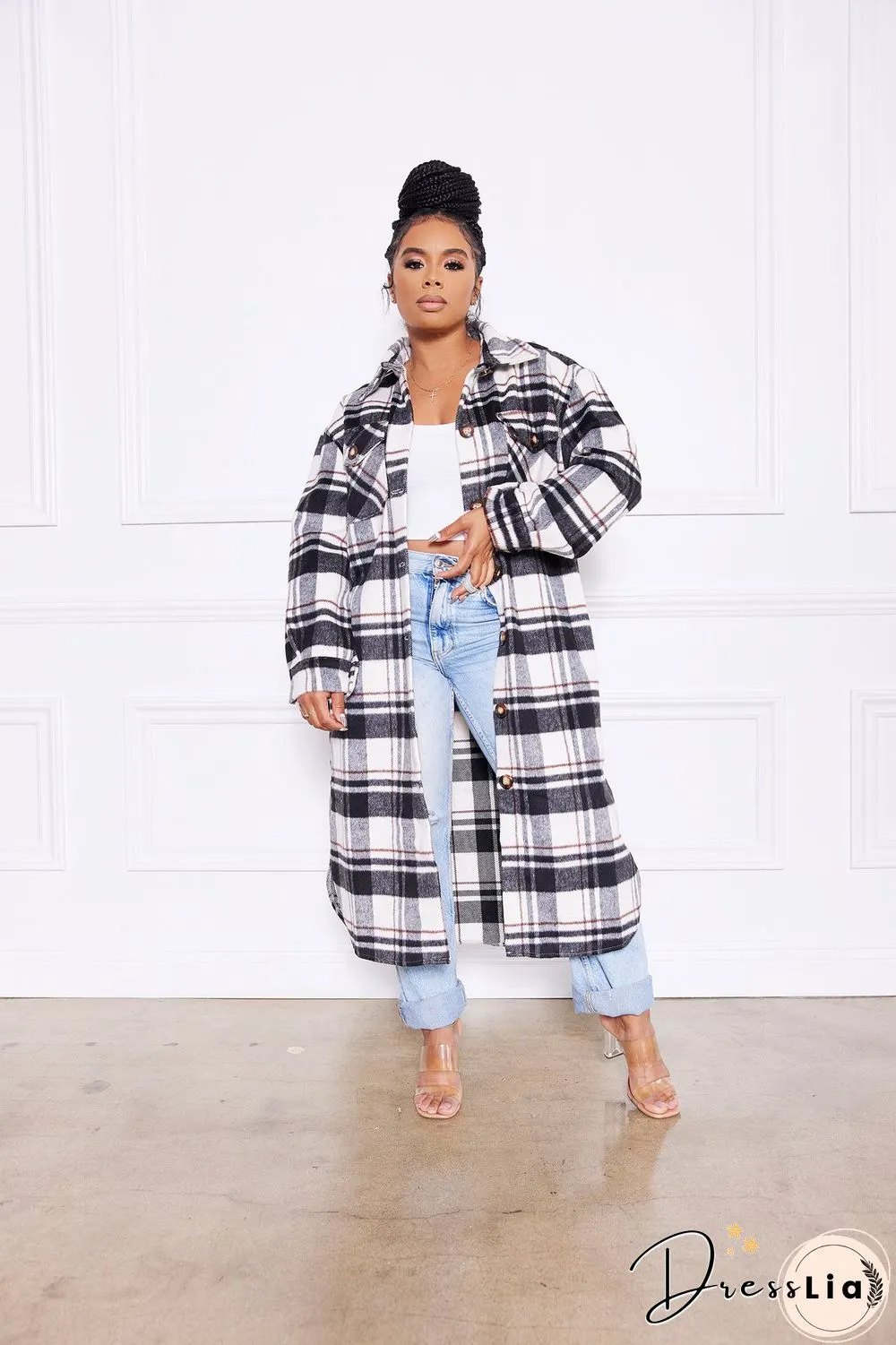 Classic Check Single-breasted Long Woolen Coat
