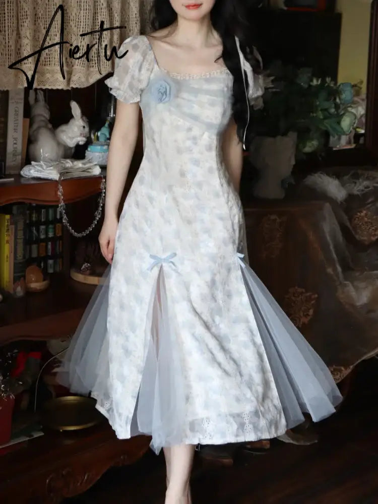 Aiertu French Elegant Floral Print Dress Women Blue Sweet Evening Party Midi Dress Female Korean Fashion Lace Princess Dress Summer New Aiertu