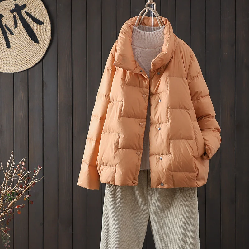 Woherb 2024 New Down Jacket Female Short Thin Loose Casual Lapel Warm White Duck Down Short Coat Tide-Outfit Ideas