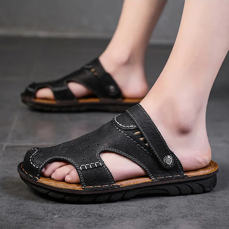 Patchwork Leather Cut Out Casual Sandals