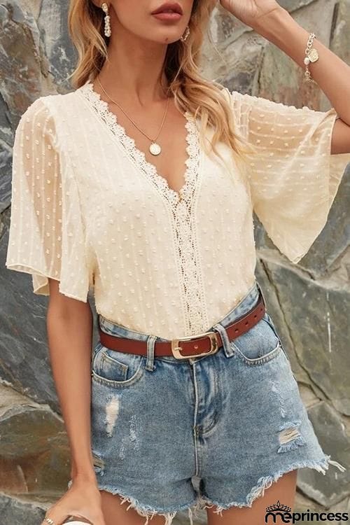 Lace V Neck Flares Short Sleeve Blouse