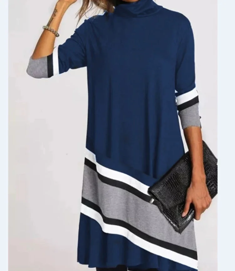 Brownm Fashion Printed Collar Long Sleeves Loose Dresses