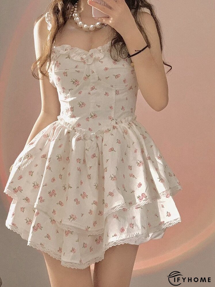 Joskka Summer Lace Kawaii Dress Women Vintage Sleeveless Elegant Sweet Mini Dress Female Floral Print Korean Designer Strap Dress | IFYHOME