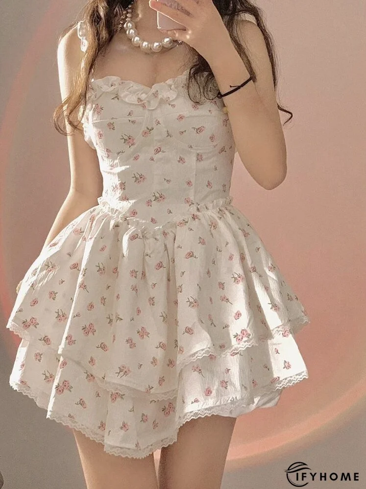 Joskka Summer Lace Kawaii Dress Women Vintage Sleeveless Elegant Sweet Mini Dress Female Floral Print Korean Designer Strap Dress | IFYHOME