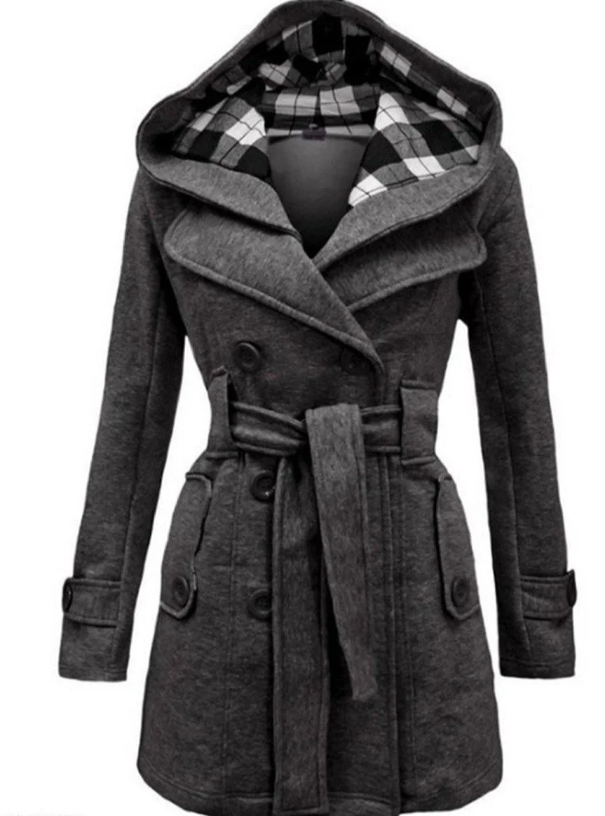 Checked Hooded Woolen Coat With Long Belt | EGEMISS