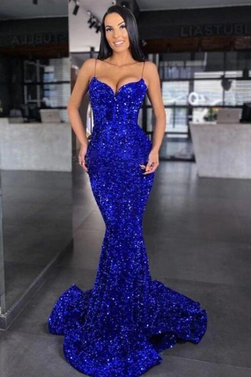 Königsblaues Schatz Spaghetti-Träger Meerjungfrau Abendkleid mit Pailletten PD0711 Lunass
