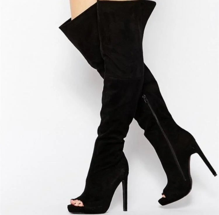 Black Suede Over-the-Knee Boots - Custom Made Vdcoo