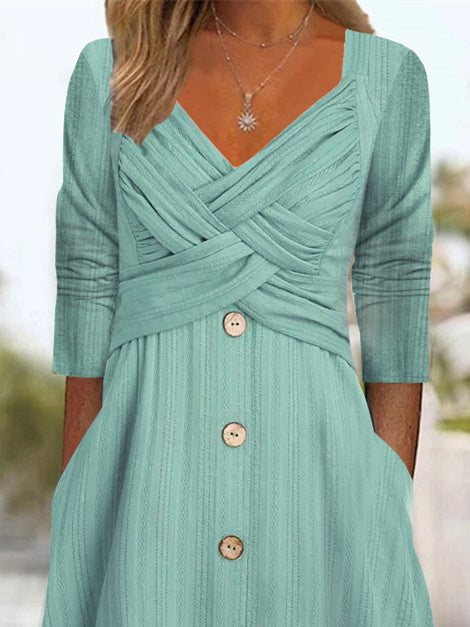 Women Half Sleeve V-neck Solid Color Dress