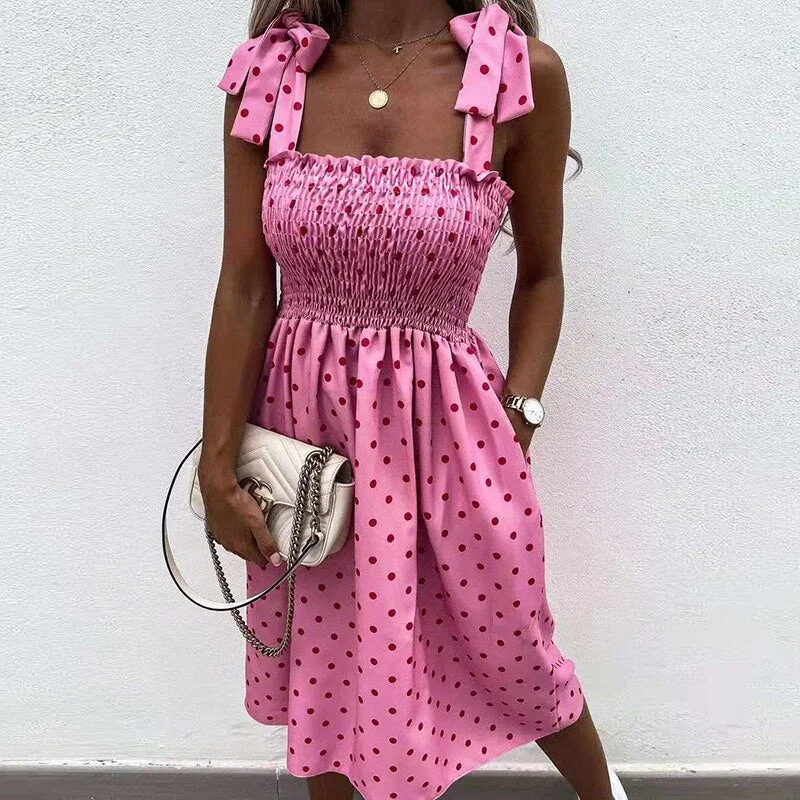 3XL New Off Shoulder Draped Sling Party Dress Women Spring Polka Dot Print A-Line Dress Summer Tie-up Bow Sleeveless Beach Dress