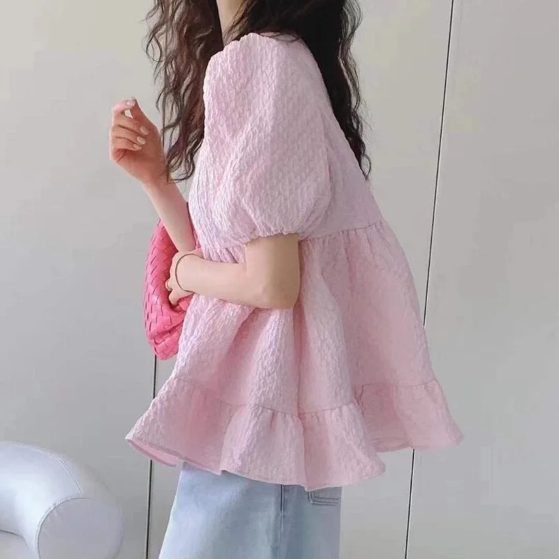 Casual Ruffled  Women's Shirt O-neck Puff Sleeve Sweet Women Blouses Korean Summer Solid White Tops Blusas Mujer De Moda 15517