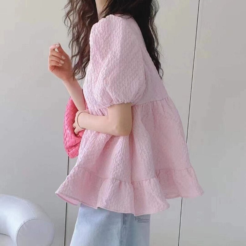 Casual Ruffled  Women's Shirt O-neck Puff Sleeve Sweet Women Blouses Korean Summer Solid White Tops Blusas Mujer De Moda 15517