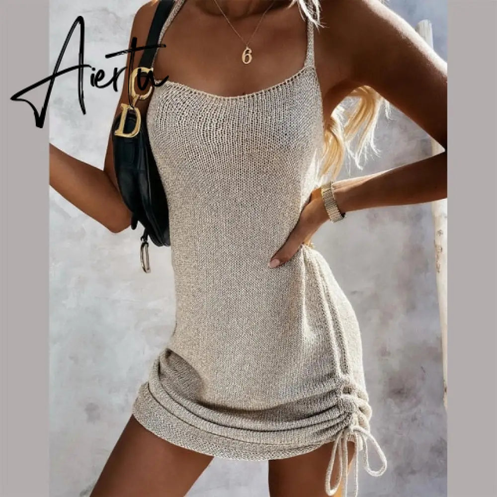 Aidase Summer New Fashion Slim Sexy Halter Drawstring Sweater Dress Women Aiertu