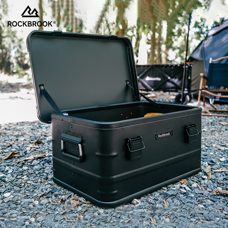 ROCKBROOK BX1003BKL 95L Large Black Metal Storage Box with Lid 
