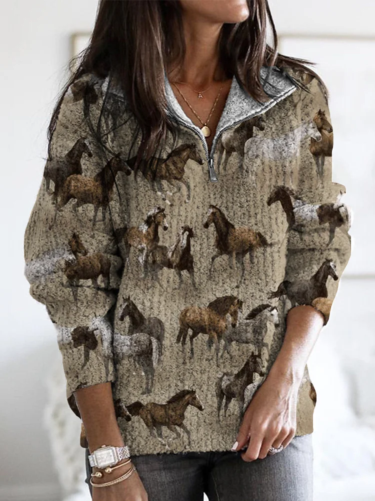 VChics Western Wild Horses Pattern Zip Up Cozy Sweater