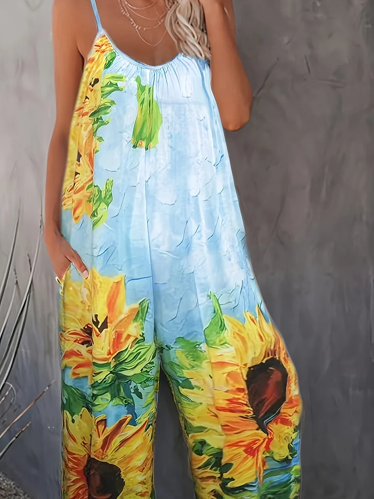 Sleeveless Strappy Women's Floral Print Jumpsuit | Loose-Fit Romper With Adjustable Waist, Machine Washable Spring/Summer Casual Outfit