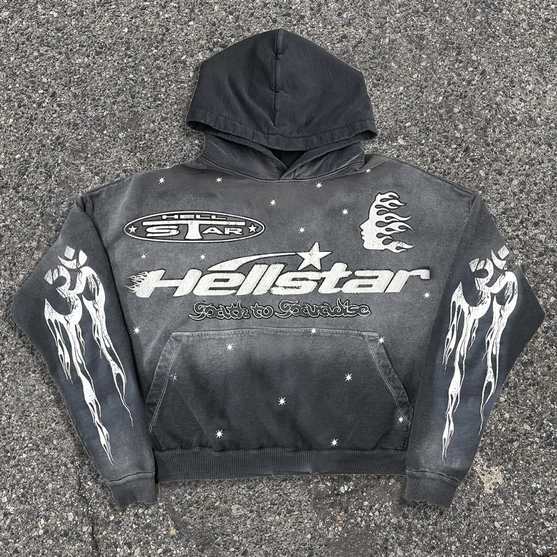 SOPULA Vintage Hellstar Graphic Gray Acid Washed Pullover Hoodie