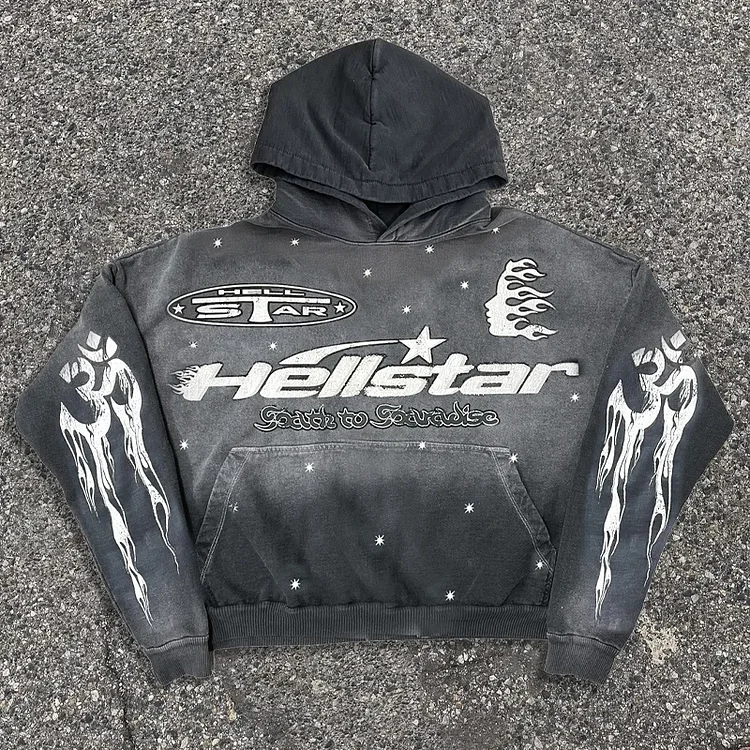 Vintage Hellstar Graphic Gray Acid Washed Pullover Hoodie
