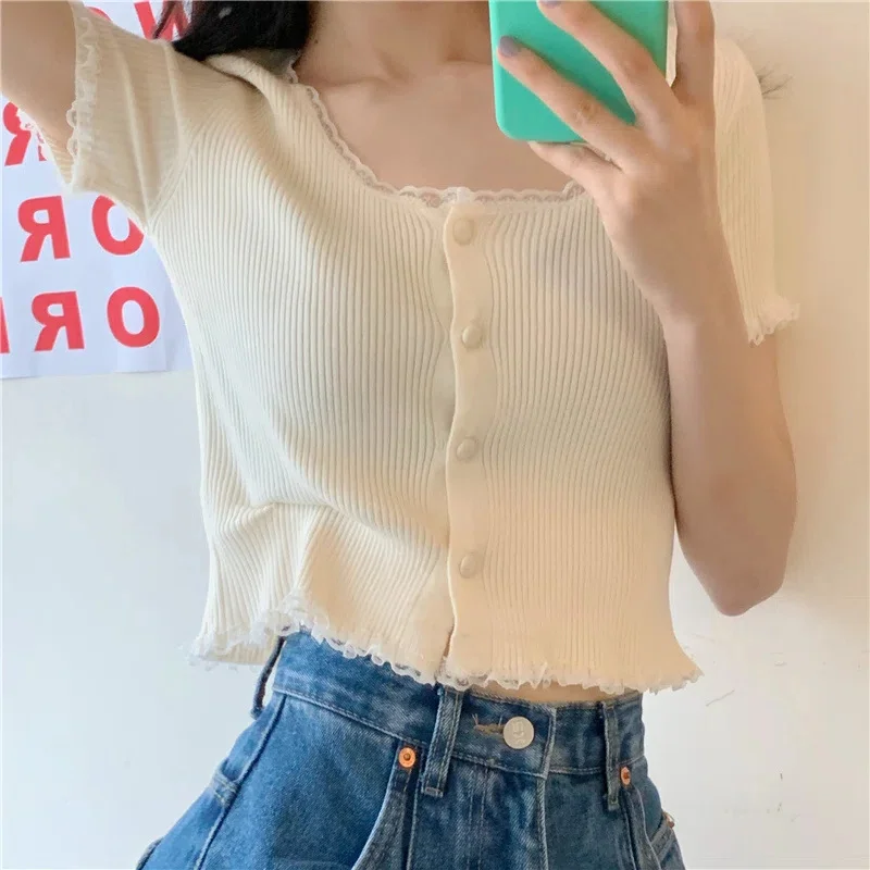 Uveng Uveng Retro Girl Soft Lace Collar Knitted Jersey High-Waisted Short-Sleeved T-Shirt Top