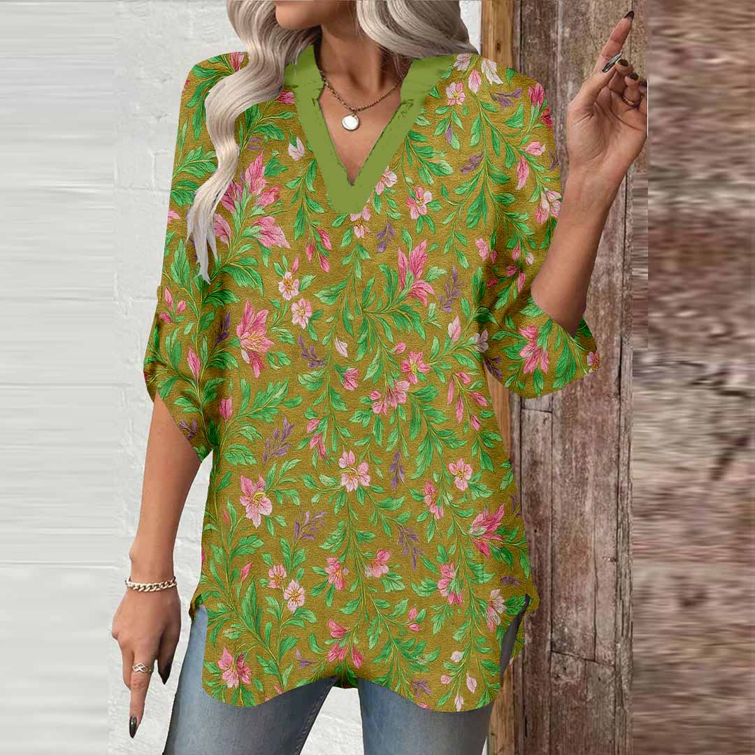 Women Splashed, Green, Pink DZGA0387 3/4 Sleeve V-neck Printed Graphic Button Tops
