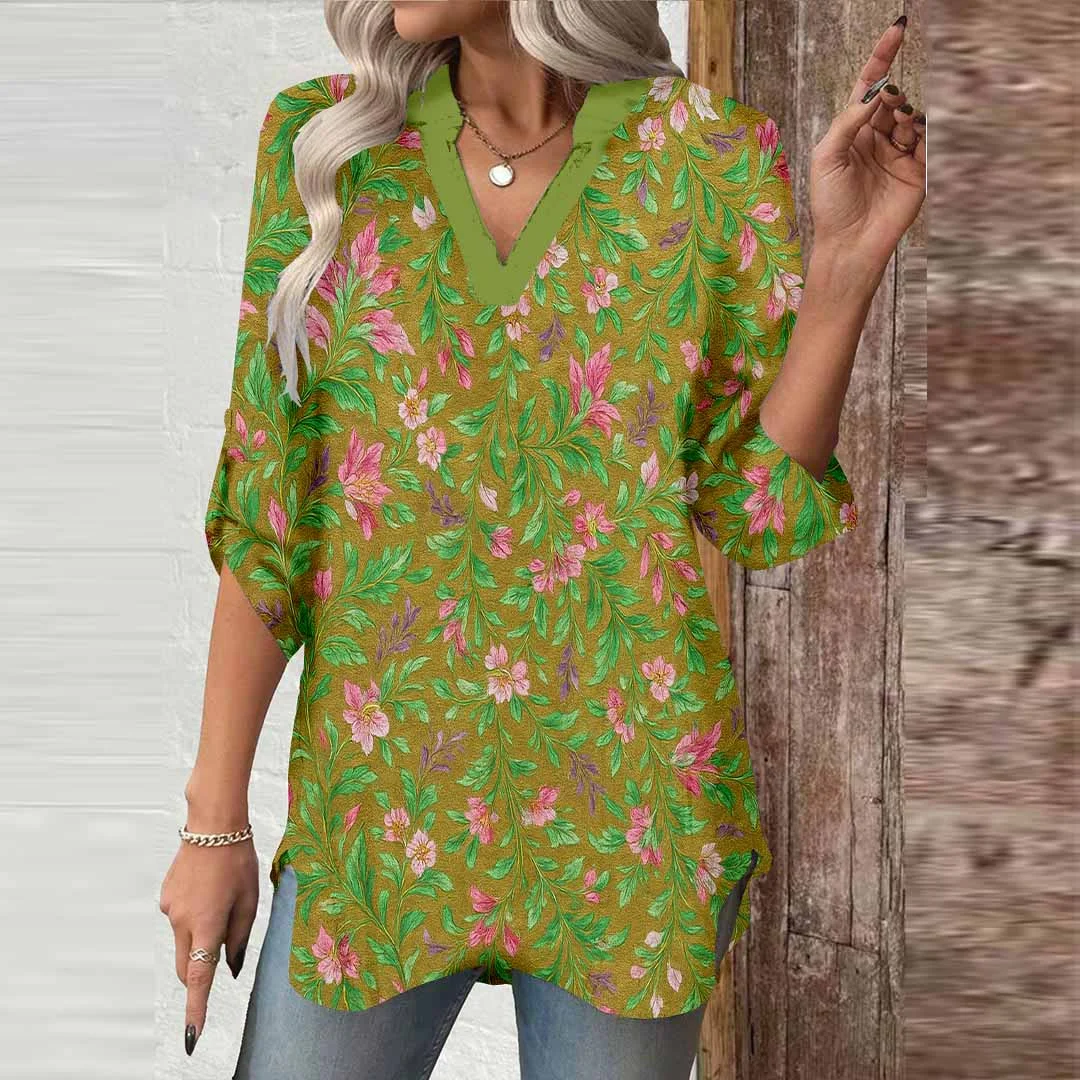 Women Splashed, Green, Pink DZGA0387 3/4 Sleeve V-neck Printed Graphic Button Tops