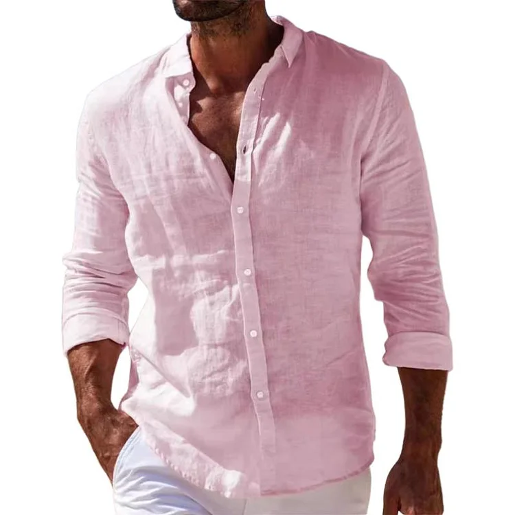 Men's Casual Cotton Linen Thin Lapel Long-Sleeved Shirt 31459816M