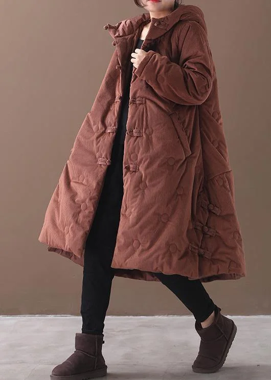 Elegant brown outwear trendy plus size warm winter coat Chinese Button hooded coats