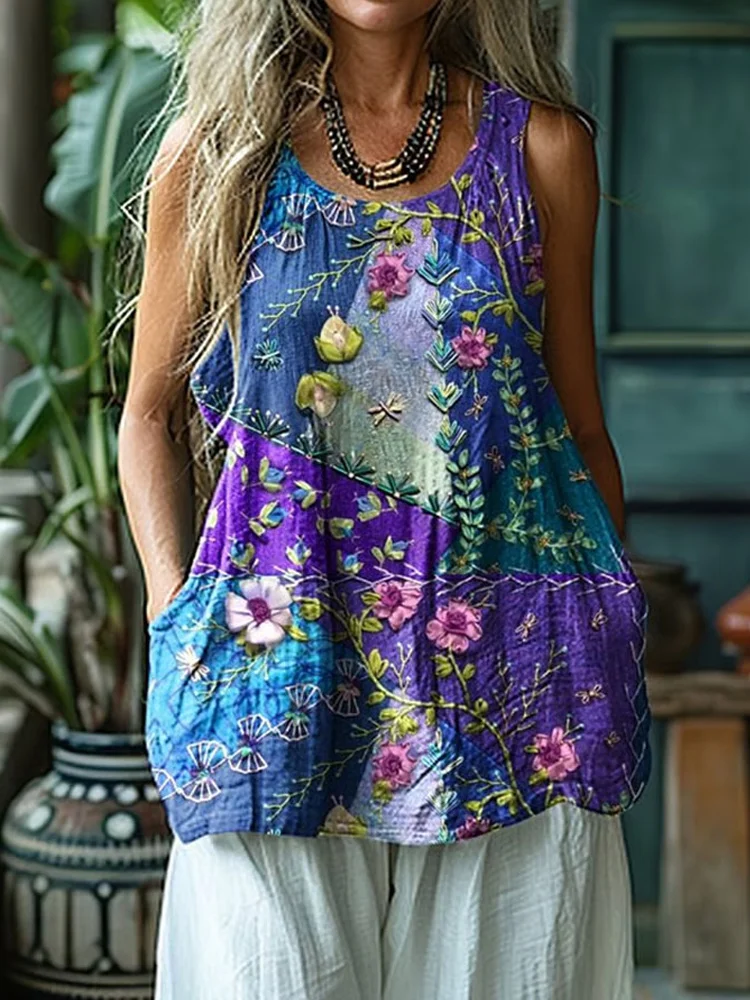 Women's Alzheimer's Purple Floral Print Linen Tank Top