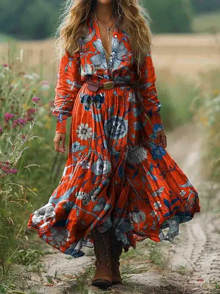 Women's Ethnic Floral Art Print Pocket Cotton Dress