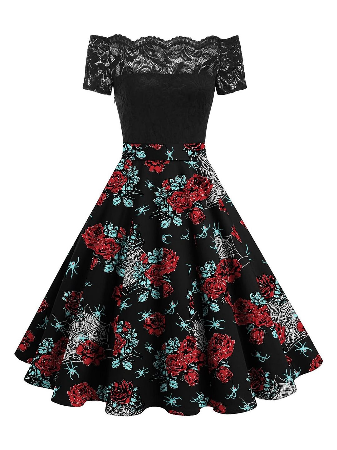 Black 1950s Off-shoulder Lace Dress