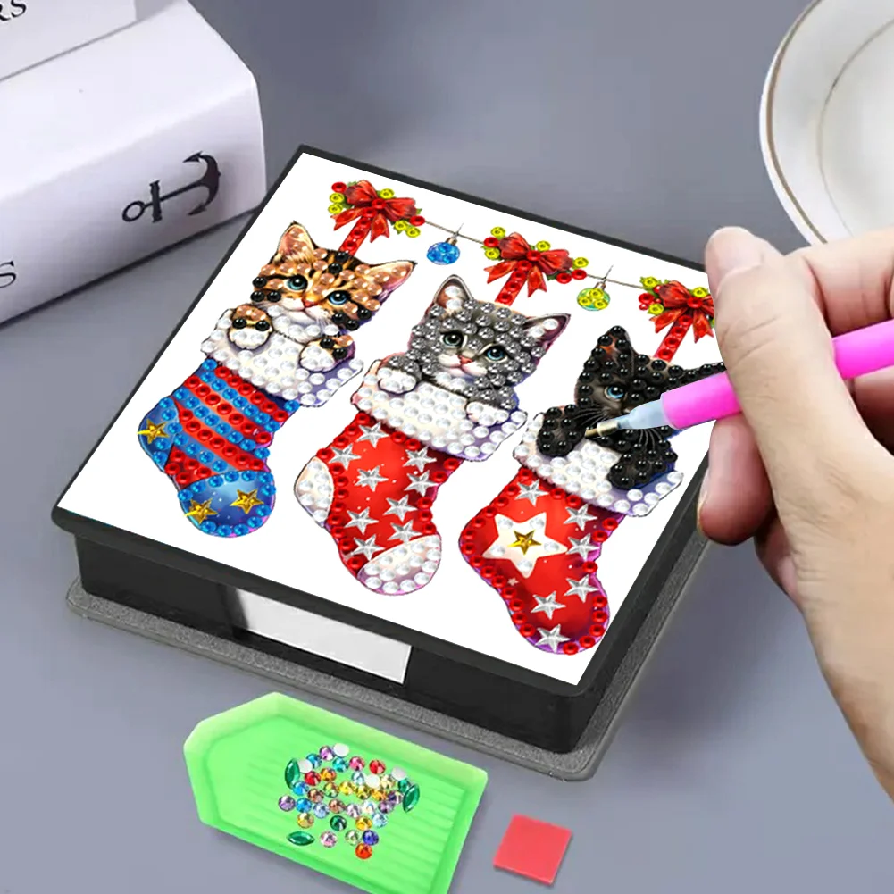 5D DIY PU Diamond Art Note Box with 160 Sheets Paper Mosaic Kit (Kitty Socks)