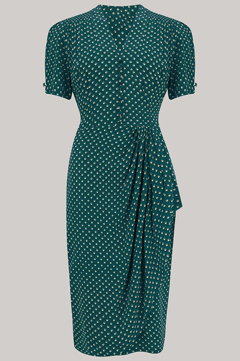 1950s Green Formal Polka Dot Buttons Pleated Pencil Midi Dress [Pre-Order]