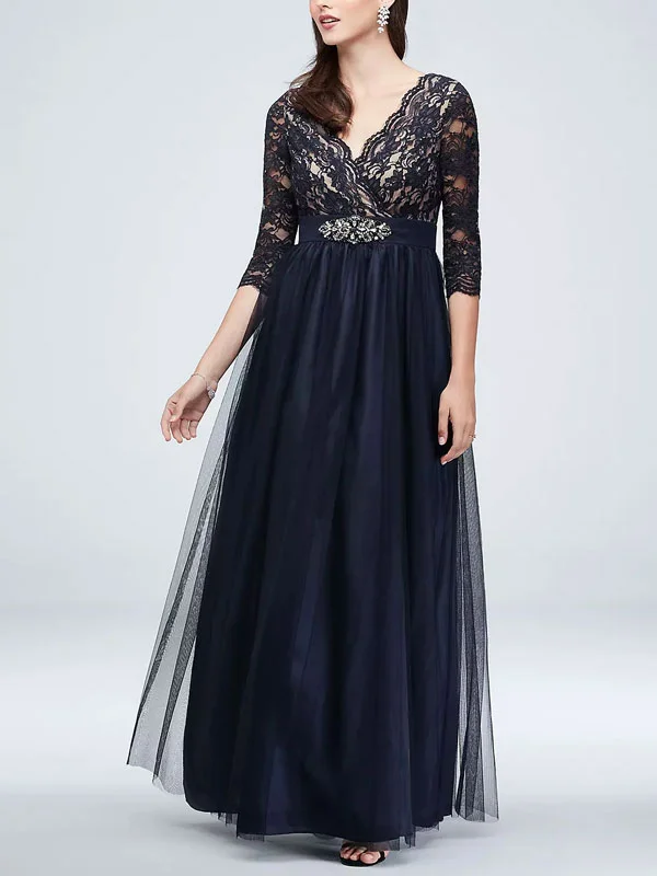 Wrap Bodice Illusion Lace Gown with Embellishment