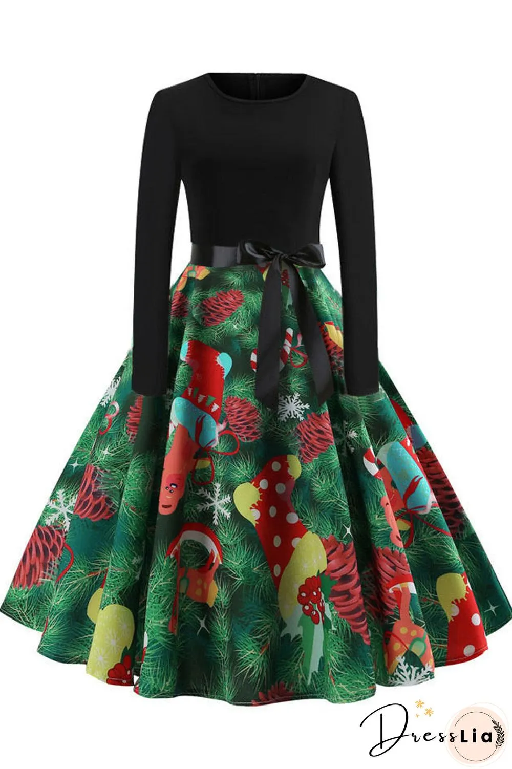 Christmas Printed Belt A-line Vintage Dress