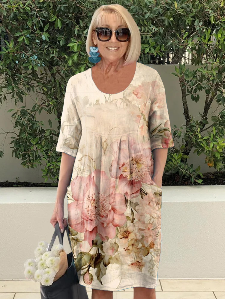 Vintage Chic Floral Print Pocket Midi Dress