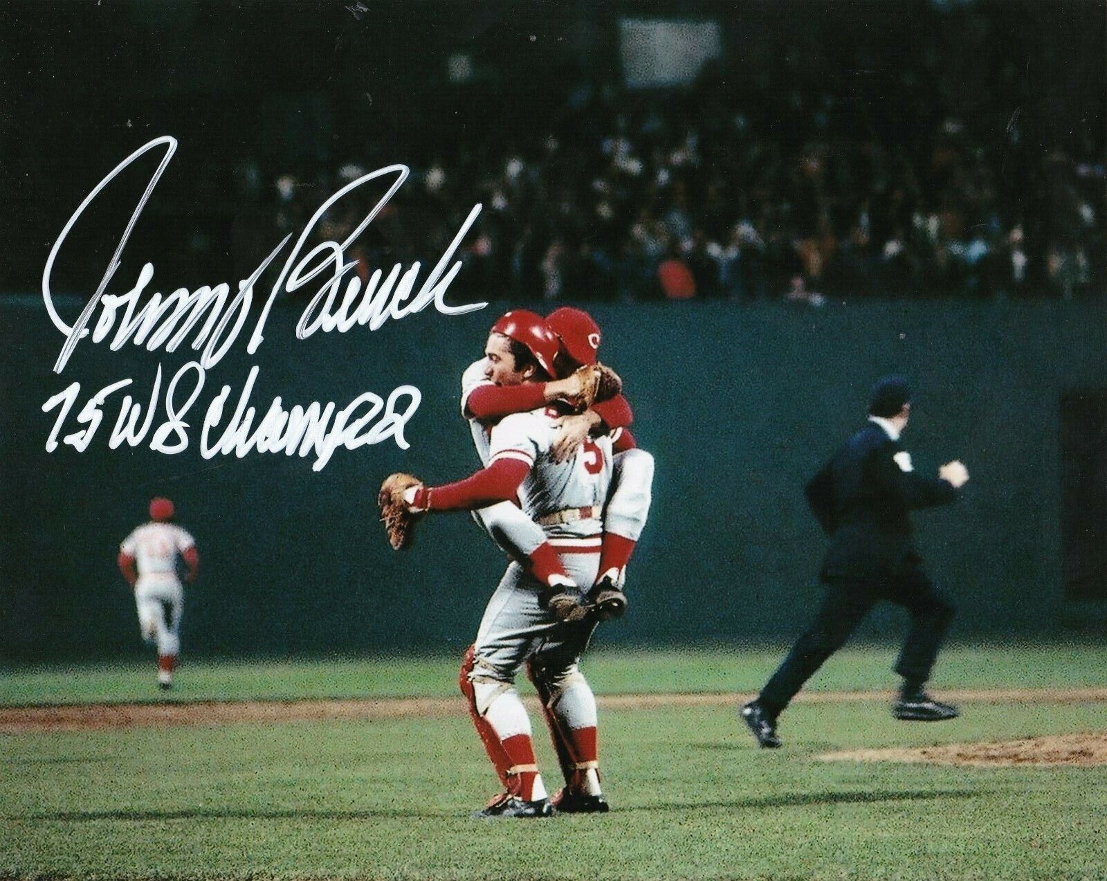 JOHNNY BENCH CINCINNATI REDS 75 WS CHAMPS ACTION SIGNED 8x10